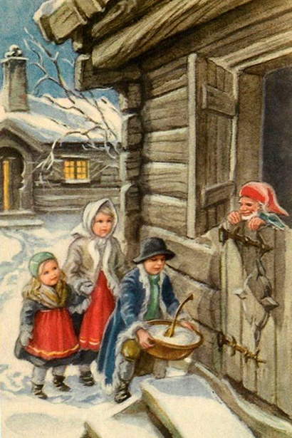 Julkort av Curt Nyström: Tre barn på gammal gård sätter ut en skål med gröt till tomten som glad kikar ut ur stallet